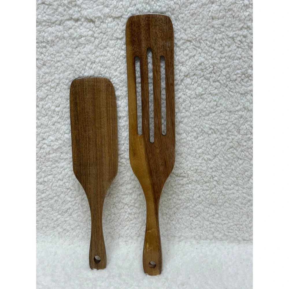 Wooden Utensil Kitchen Set of 2 One Slotted and One Solid Turner Spatulas Brown